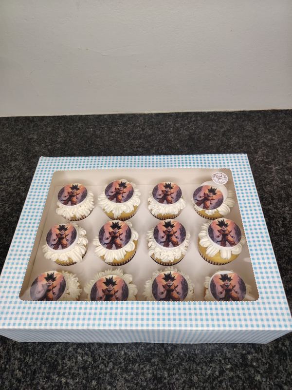 Box of sixteen cupcakes with printed toppers