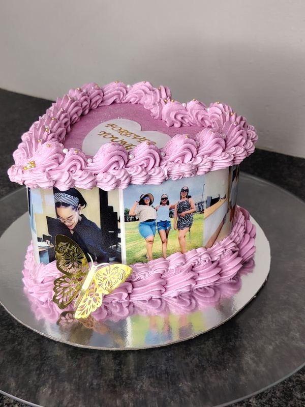 Lilac heart photo cake with printed pictures and gold butterflies